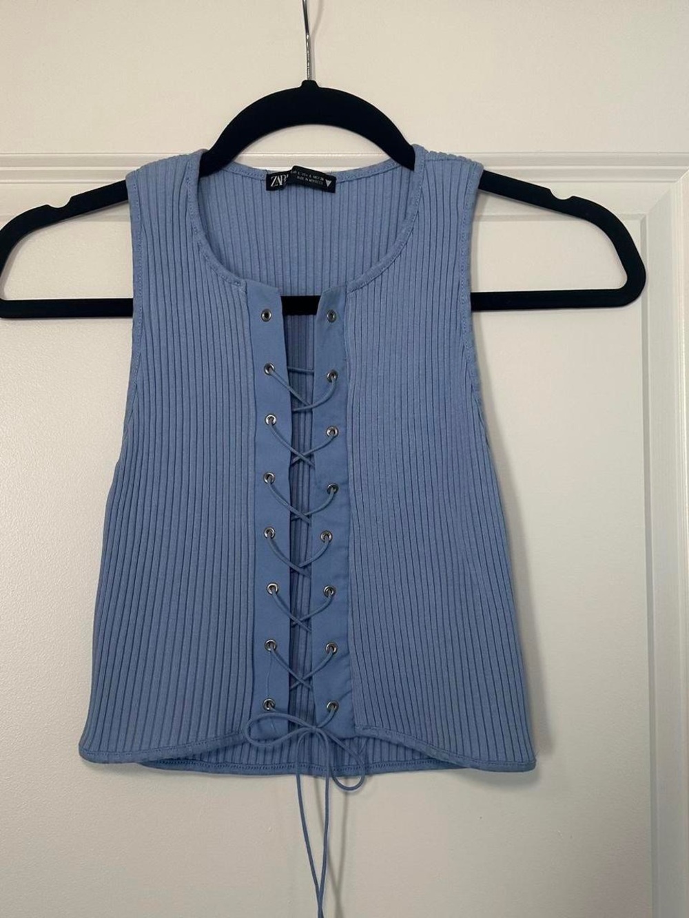 Zara Light Blue Ribbed Lace-Up Tank